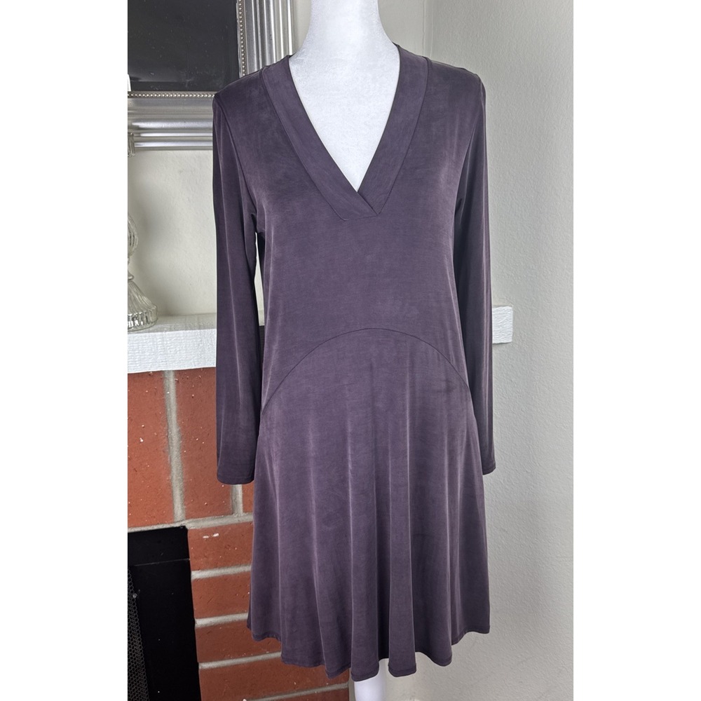 Anthropologie Dress Women's XS Plum Gray Cupro Blend V Neck Pockets Arc Waist